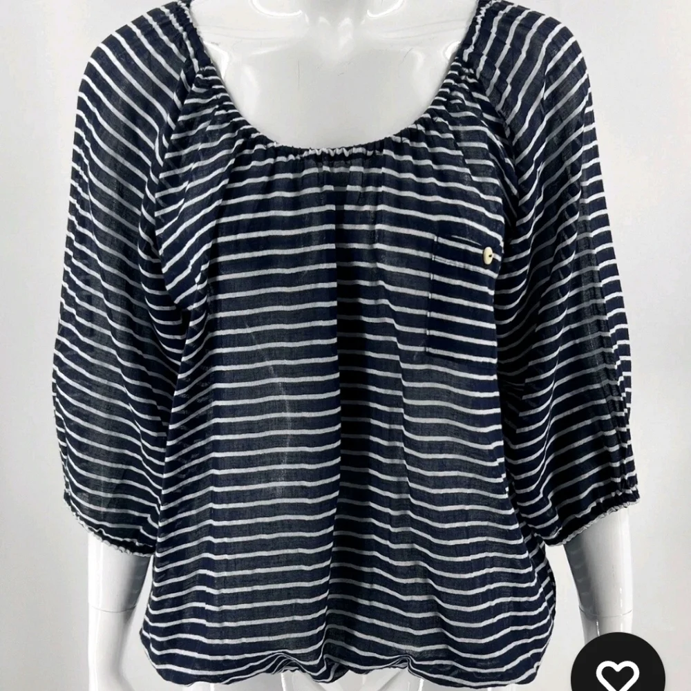 J Crew Sheeer Blouse  Medium Women Navy Blue White Striped Cotton See Thru